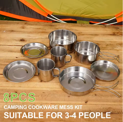 8pcs/Set Camping Cookware Mess Kit Stainless Steel Cooking Pot and Pan Set with Plates Cups