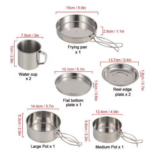 8pcs/Set Camping Cookware Mess Kit Stainless Steel Cooking Pot and Pan Set with Plates Cups