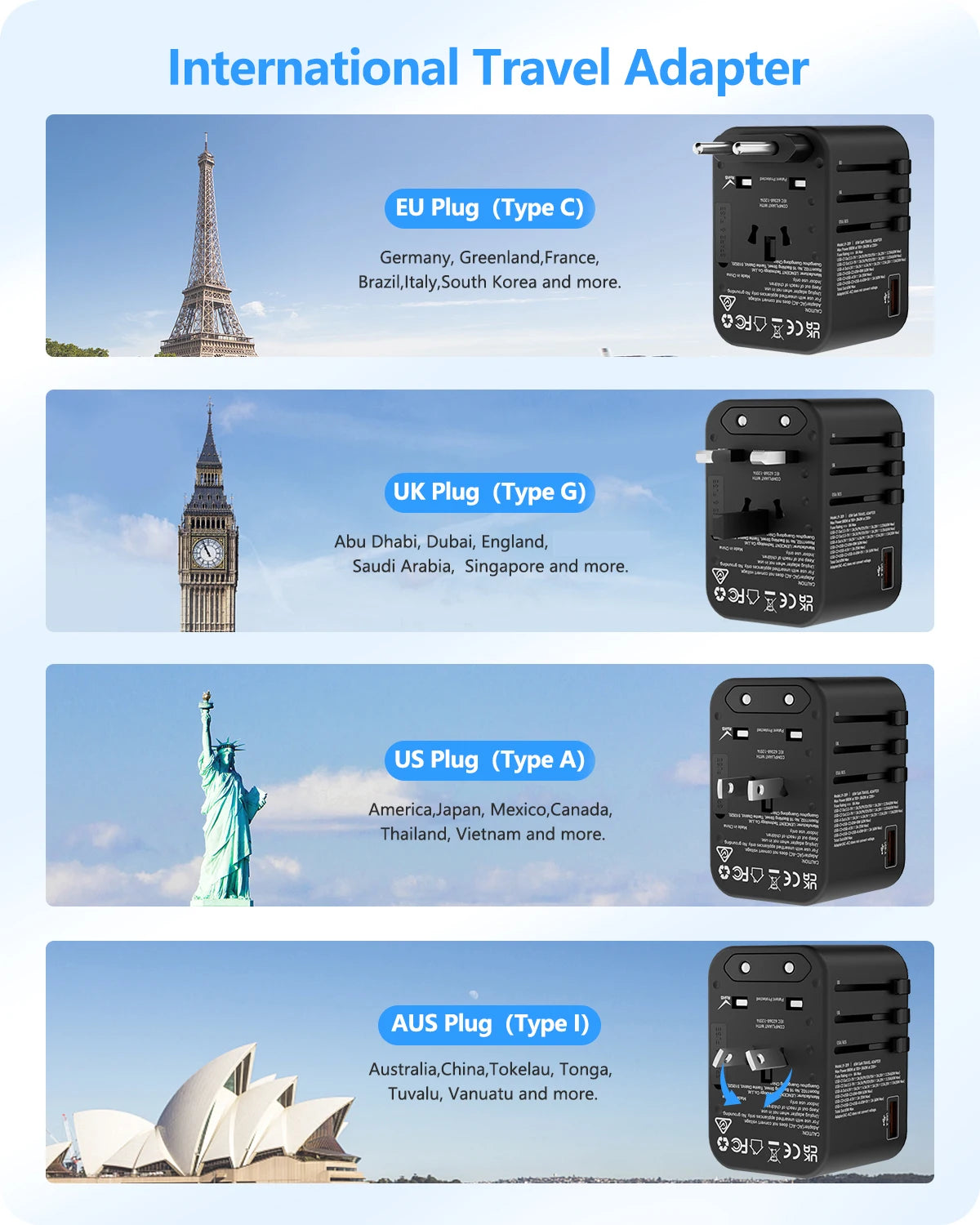 International Travel Adapter with 2USB 3 Type C