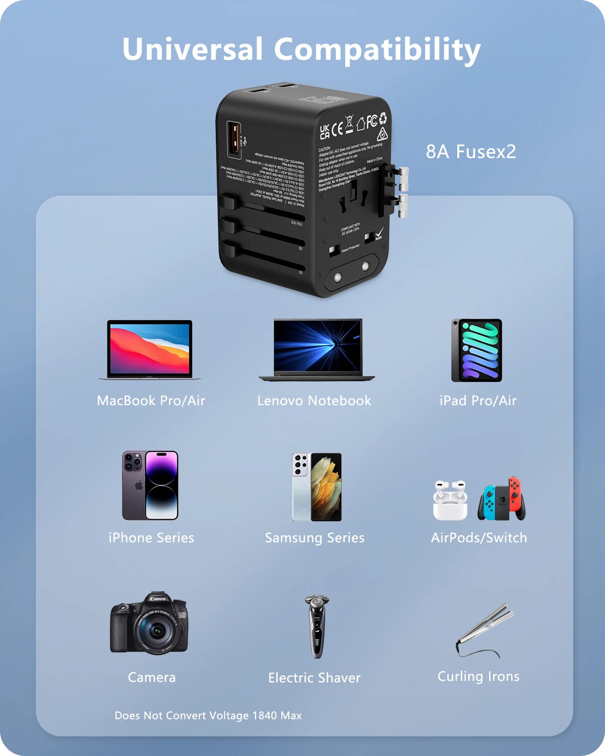 International Travel Adapter with 2USB 3 Type C