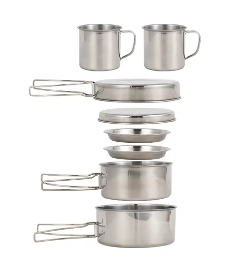 8pcs/Set Camping Cookware Mess Kit Stainless Steel Cooking Pot and Pan Set with Plates Cups