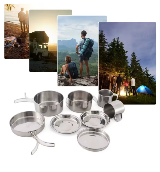 8pcs/Set Camping Cookware Mess Kit Stainless Steel Cooking Pot and Pan Set with Plates Cups
